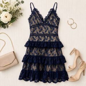 J.O.A. Revolve Tiered Ruffle Lace Mini Dress Navy Blue Nude Small NWOT